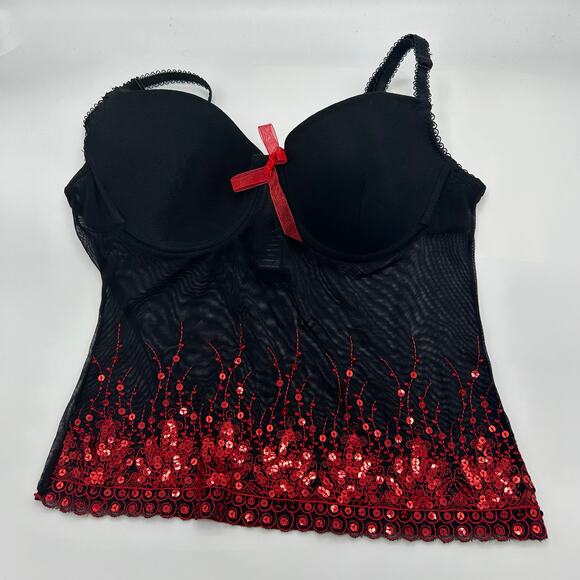 Frederick’s of Hollywood Bustier 34B Black Mesh Red Sequin Lace Trim Corset Top - Picture 2 of 8